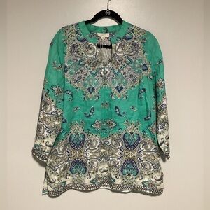 Charter Club 100% Linen Size XL Women Tunic 3/4 Sleeves Paisley Green V Neck